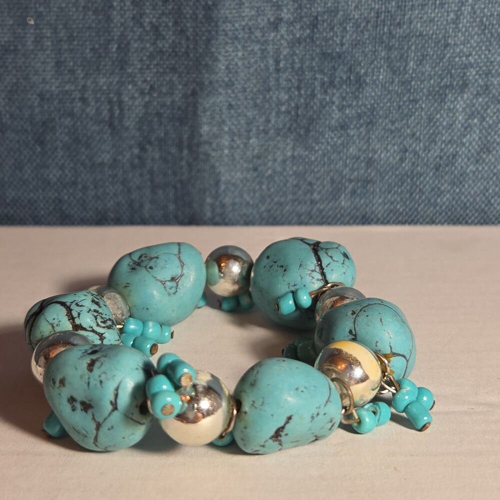 Chunky Faux Turquoise Silver Tone Stretch Bracelet Boho Y2K NWOT - Picture 8 of 16